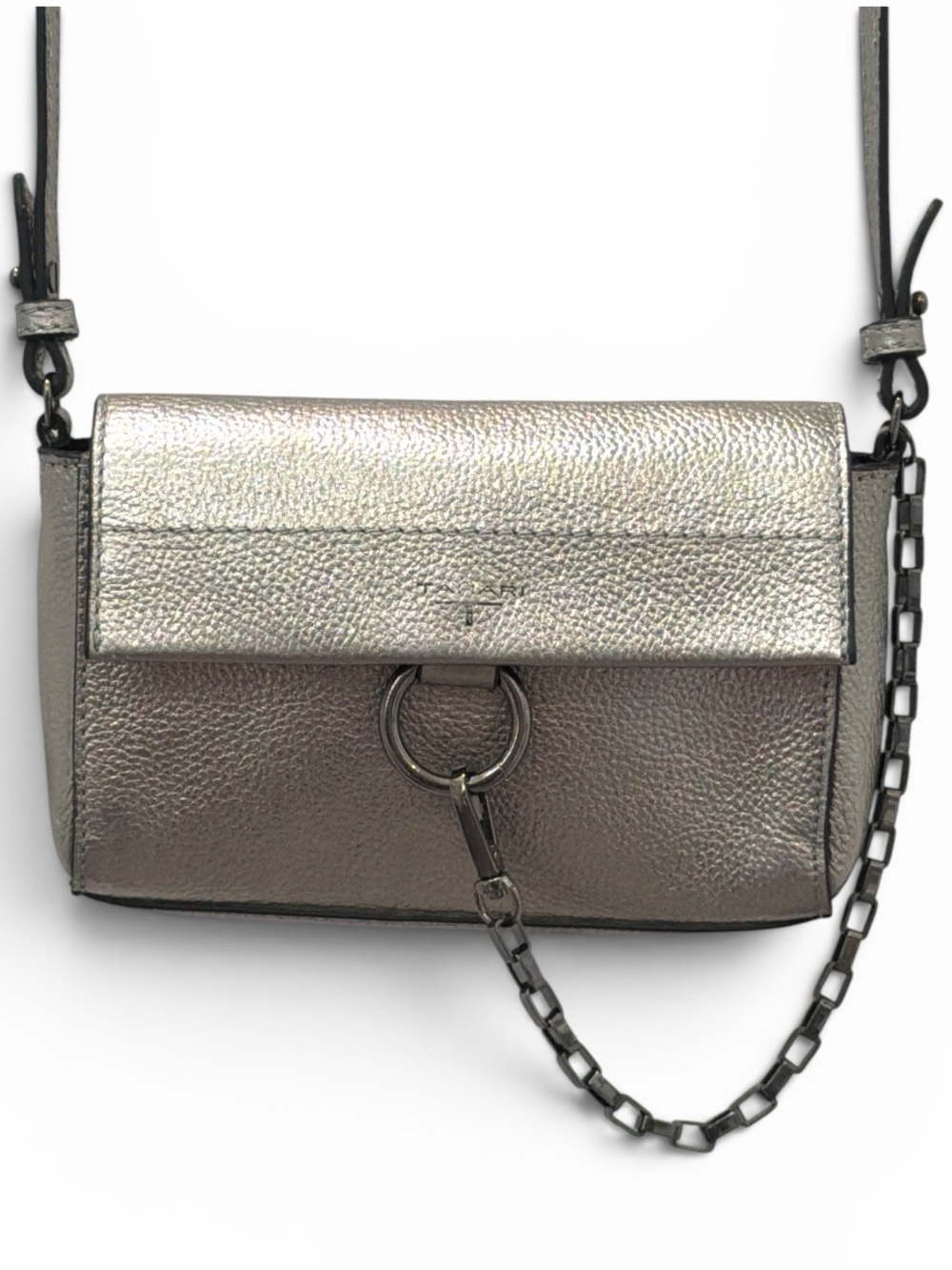 Tahari Metallic Silver Crossbody Bag with Gunmetal Ring & Chain Detail